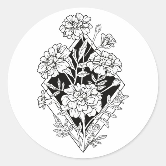 Geometrische Marigold Flowers Ronde Sticker (Voorkant)