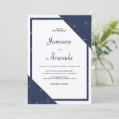 Geometrische marine blauw wit goud glitter bruilof kaart (Staand voorkant)