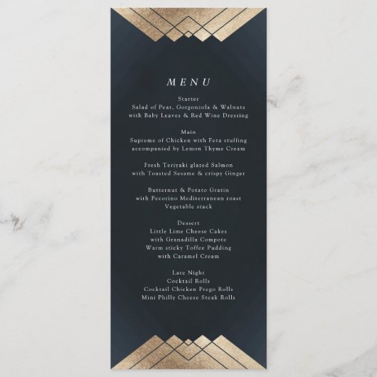 Geometrische marine Blue Gold Gatsby Wedding Menu (Voorkant)