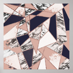 Geometrische marmer Blue Peach Marmer en Roos Gold Poster