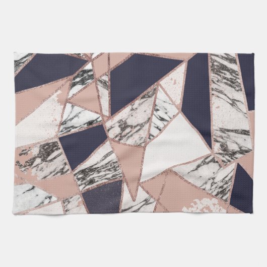 Geometrische marmer Blue Peach Marmer en Roos Gold Theedoek (Horizontaal)