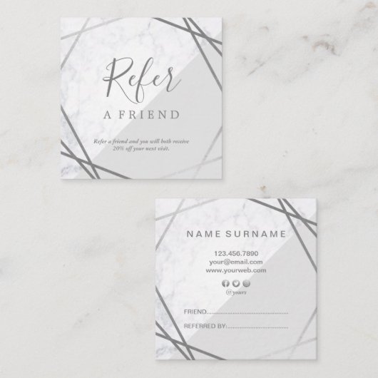 Geometrische marmer Silver Gray Square Promo Refer Vierkante Visitekaartje (Voorkant / Achterkant)
