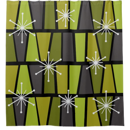 Geometrische MCM Abstract Olijfgroen Douchegordijn (Voorkant)