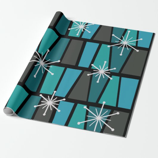 Geometrische MCM Abstracte Turquoise Blauwgroen Cadeaupapier (Uitgerold)