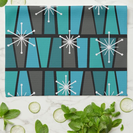 Geometrische MCM Abstracte Turquoise Blauwgroen Theedoek (Gevouwen)