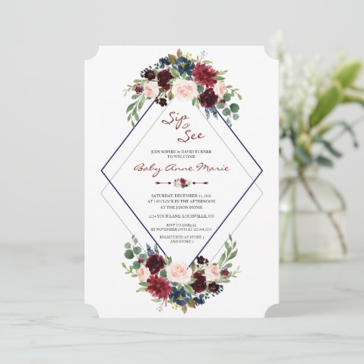 Geometrische Merlot Navy Bloemen Sip & See Baby Sh Kaart (Staand voorkant)