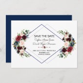 Geometrische Merlot Navy Blue Floral Save the Date (Voorkant / Achterkant)