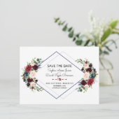 Geometrische Merlot Navy Blue Floral Save the Date (Staand voorkant)