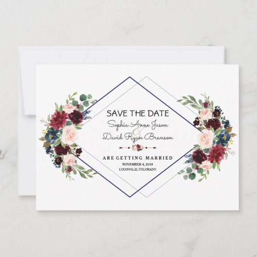Geometrische Merlot Navy Blue Floral Save the Date (Voorkant)