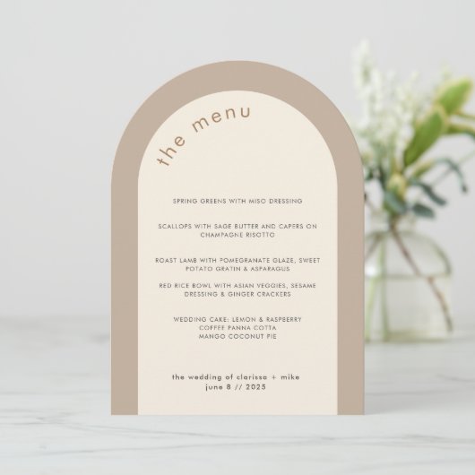 Geometrische Minimal Neutral Arch Wedding Menu Kaa Kaart (Staand voorkant)