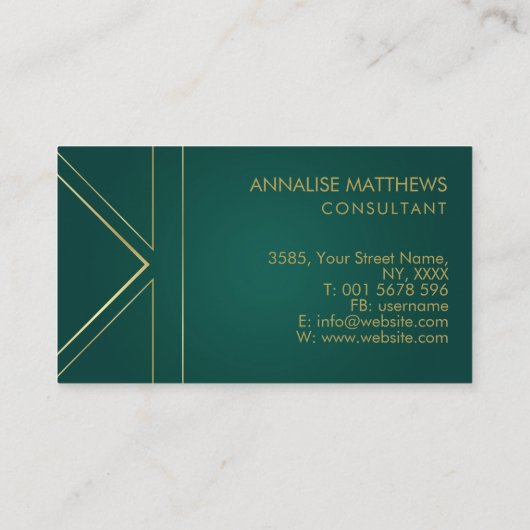 Geometrische minimale goudmonogram Emerald Green Visitekaartje (Achterkant)