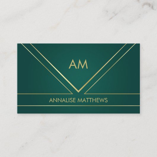 Geometrische minimale goudmonogram Emerald Green Visitekaartje (Voorkant)