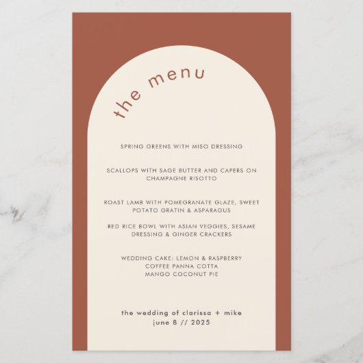 Geometrische minimale terracotta Arch Wedding Menu (Voorkant)