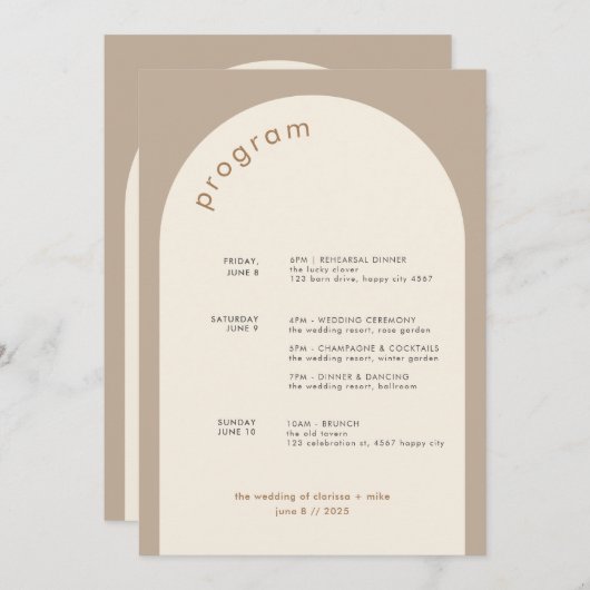 Geometrische minimale zand-boog-wedloop tijdlijn programmakaart (Voorkant / Achterkant)