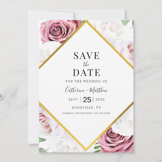 Geometrische moderne bloemige roze typografie save the date (Voorkant)