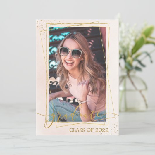 Geometrische moderne lichtroze gouden Afstuderen f Aankondiging (Staand voorkant)