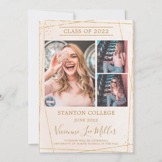 Geometrische moderne lichtroze gouden Afstuderen f Aankondiging (Achterkant)