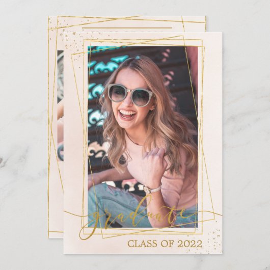 Geometrische moderne lichtroze gouden Afstuderen f Aankondiging (Voorkant / Achterkant)
