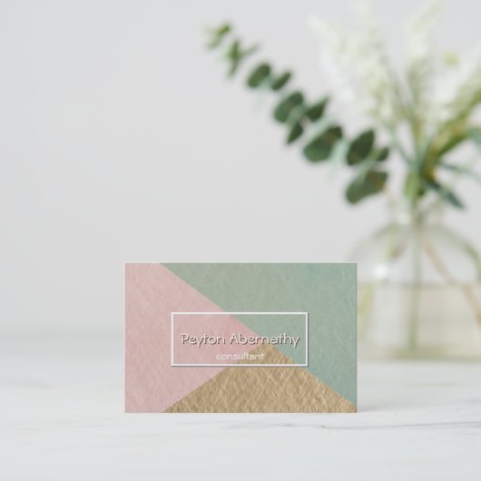 Geometrische mosgroene roze blush kraft bruin visitekaartje (Staand voorkant)