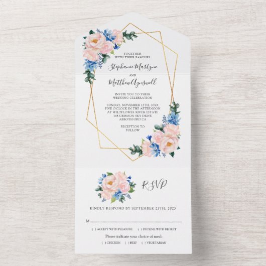 Geometrische mosterd Blauwe Roze Florale bruiloft All In One Uitnodiging (Binnen)