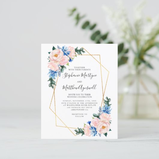 Geometrische mosterd Blue Blush Pink Budget Wedden (Staand voorkant)