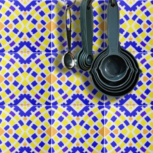 Geometrische mozaïekblauw Oranje gele patroon Tegeltje