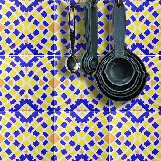 Geometrische mozaïekblauw Oranje gele patroon Tegeltje