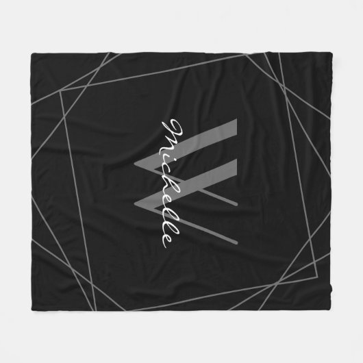 Geometrische naamscript voor grijze monogram fleece deken (Voorkant (Horizontaal))