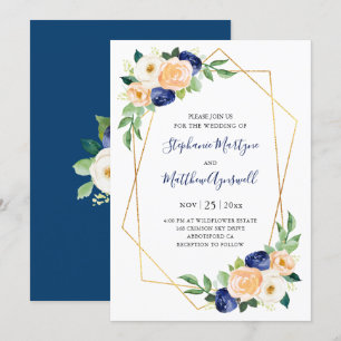 Geometrische Navy Blue Peach Coral Floral Wedding Kaart