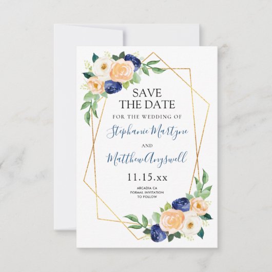 Geometrische Navy Blue Peach Coral Floral Wedding Save The Date (Voorkant)