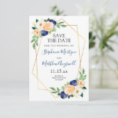 Geometrische Navy Blue Peach Coral Floral Wedding Save The Date (Staand voorkant)