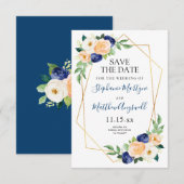 Geometrische Navy Blue Peach Coral Floral Wedding Save The Date (Voorkant / Achterkant)