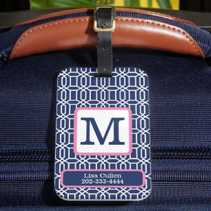 Geometrische Navy Octagon Monogram Custom Preppy Bagagelabel