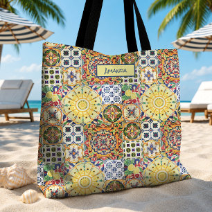 Geometrische oranje mediterraanse tegels monogram tote bag