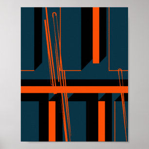 Geometrische oranje strepen over donkere vormen poster