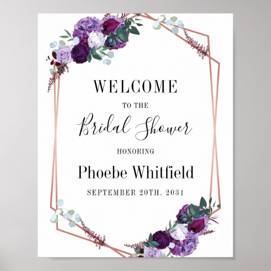 Geometrische paarse bloem bruiloft feest begrroeti poster (Voorkant)