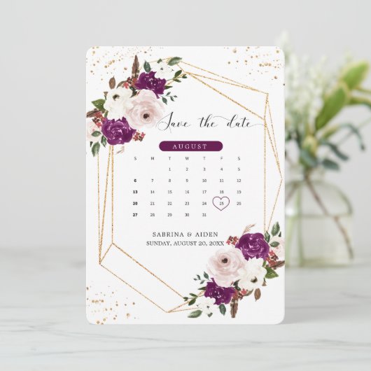 Geometrische Paarse Blush Roze Bloemen Bruiloft Save The Date (Staand voorkant)