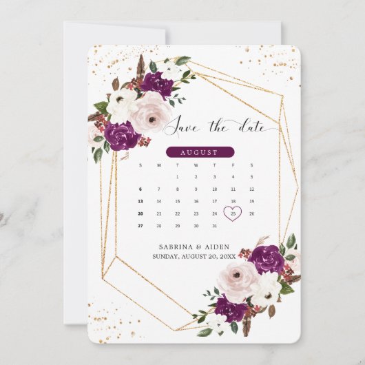 Geometrische Paarse Blush Roze Bloemen Bruiloft Save The Date (Voorkant)