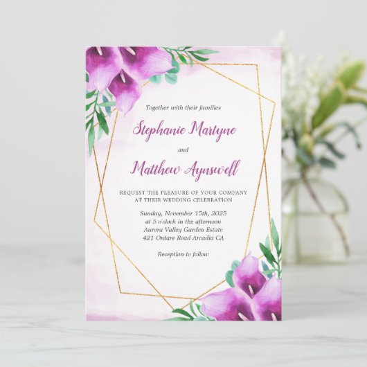 Geometrische Paarse Calla Lily Bloemenbruiloft Kaart (Staand voorkant)