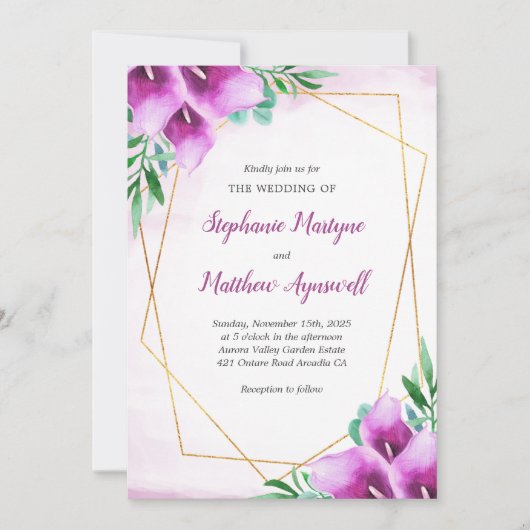 Geometrische Paarse Calla Lily Waterverf Bruiloft Kaart (Voorkant)