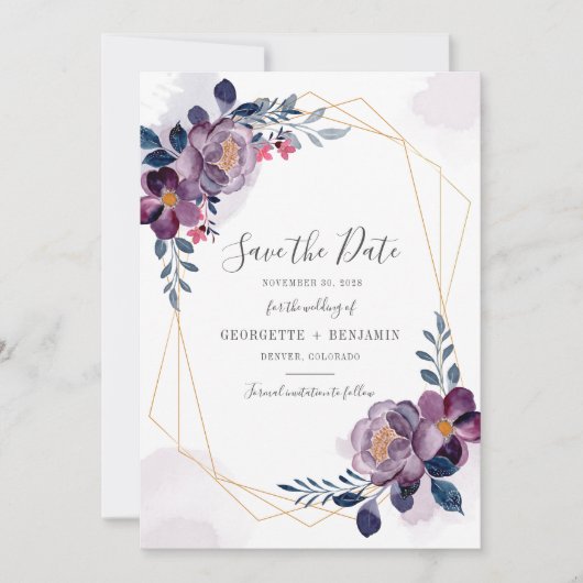 Geometrische Paarse Floral Script Botanical Weddin Save The Date (Voorkant)