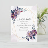 Geometrische Paarse Floral Script Botanical Weddin Save The Date (Staand voorkant)