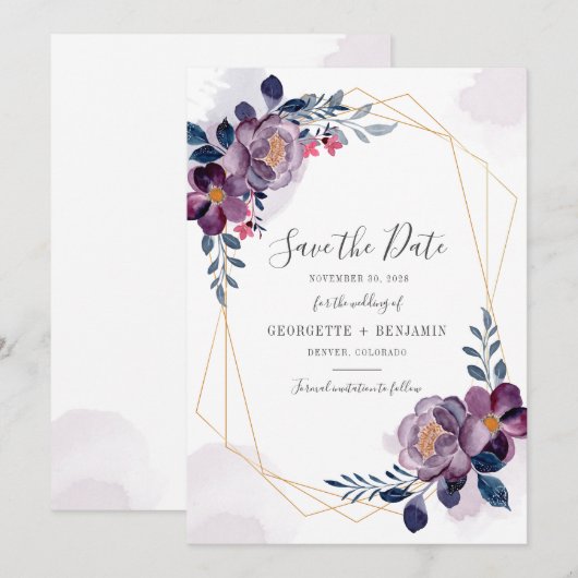 Geometrische Paarse Floral Script Botanical Weddin Save The Date (Voorkant / Achterkant)