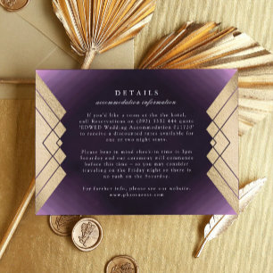 Geometrische paarse Gatsby-huwelijksdetails in gou RSVP Kaartje