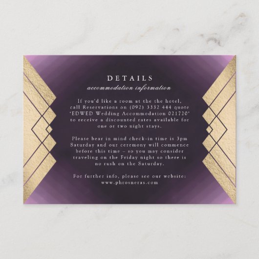 Geometrische paarse Gatsby-huwelijksdetails in gou RSVP Kaartje (Voorkant)