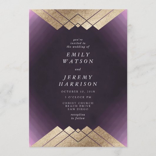 Geometrische Paarse goudbruidsuitnodiging Kaart (Voorkant)