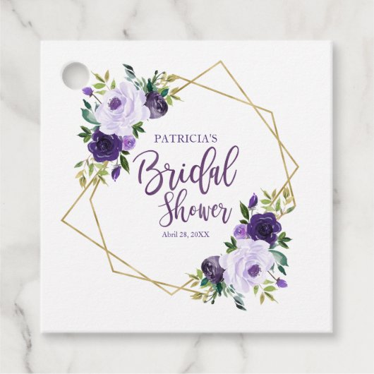 Geometrische paarse gouden bloemrijke bruidsdouche bedankjes labels (Voorkant)