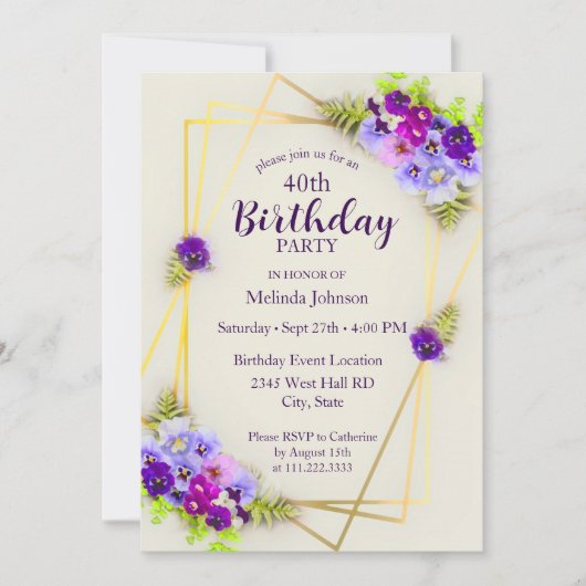 Geometrische Pansy Floral 40e verjaardag Kaart (Voorkant)