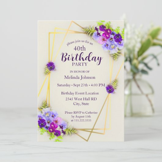 Geometrische Pansy Floral 40e verjaardag Kaart (Staand voorkant)
