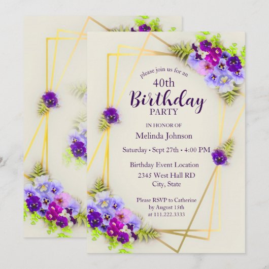 Geometrische Pansy Floral 40e verjaardag Kaart (Voorkant / Achterkant)
